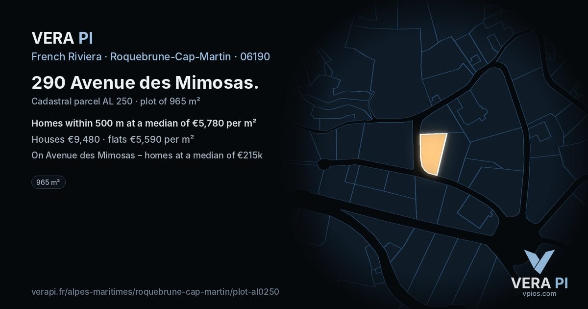 290 Avenue des Mimosas, Roquebrune-Cap-Martin at night – the plot lit, the parcels around coloured by the prices near them
