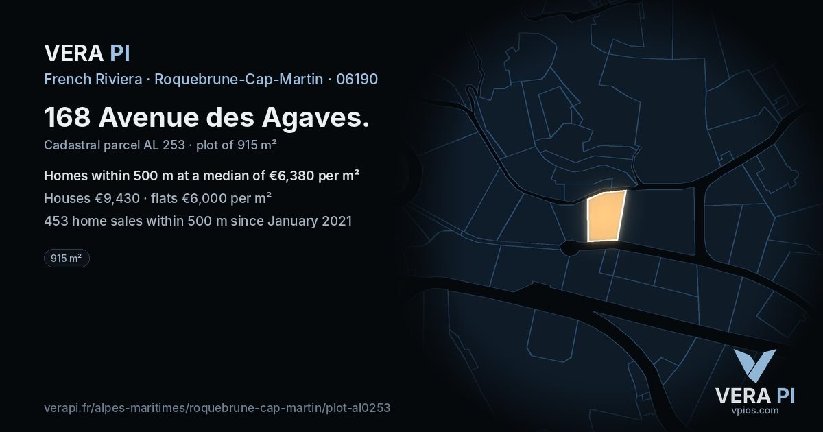 168 Avenue des Agaves, Roquebrune-Cap-Martin at night – the plot lit, the parcels around coloured by the prices near them
