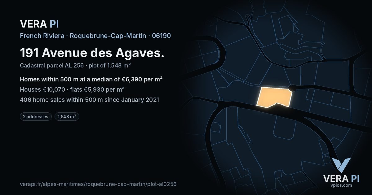 191 Avenue des Agaves, Roquebrune-Cap-Martin at night – the plot lit, the parcels around coloured by the prices near them