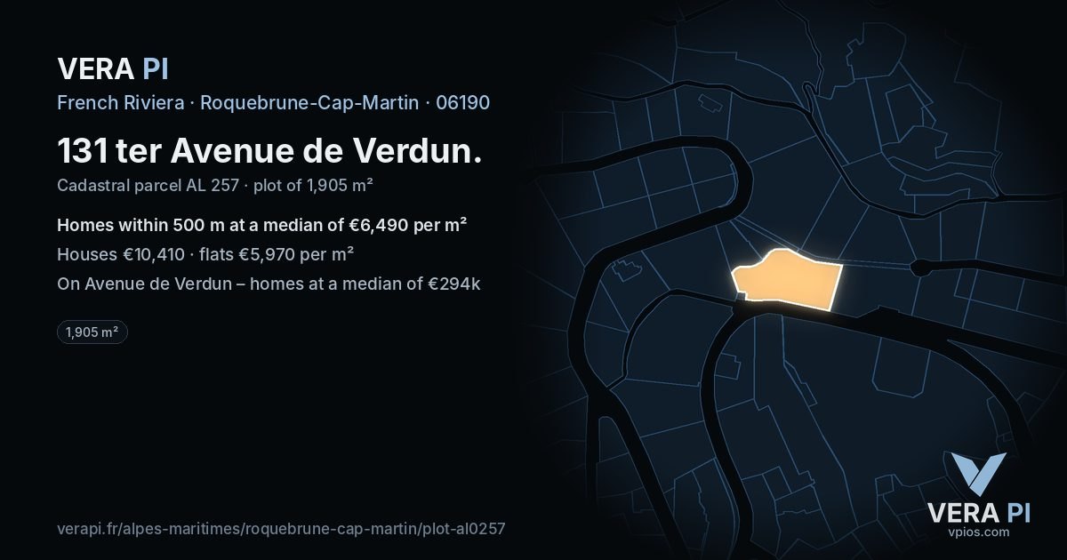 131 ter Avenue de Verdun, Roquebrune-Cap-Martin at night – the plot lit, the parcels around coloured by the prices near them