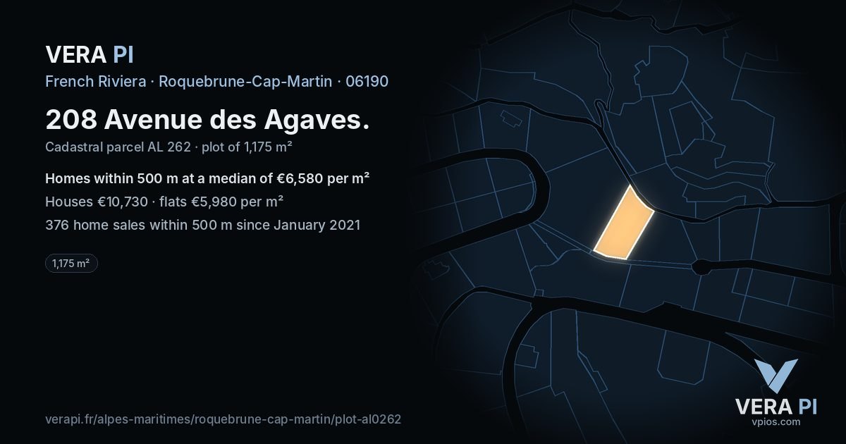 208 Avenue des Agaves, Roquebrune-Cap-Martin at night – the plot lit, the parcels around coloured by the prices near them