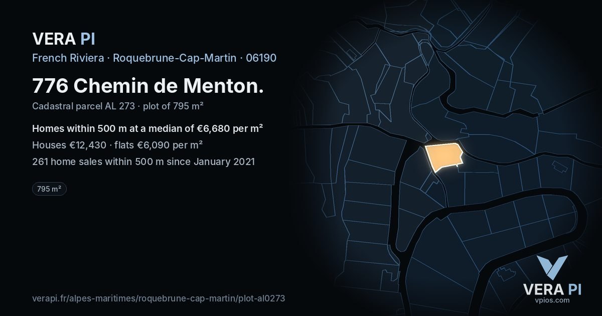 776 Chemin de Menton, Roquebrune-Cap-Martin at night – the plot lit, the parcels around coloured by the prices near them