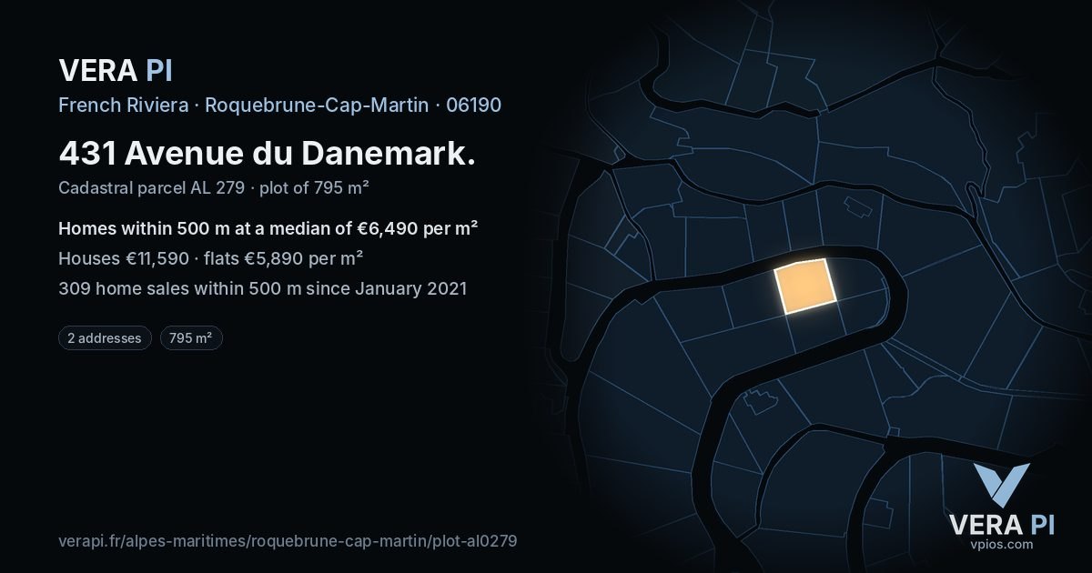 431 Avenue du Danemark, Roquebrune-Cap-Martin at night – the plot lit, the parcels around coloured by the prices near them