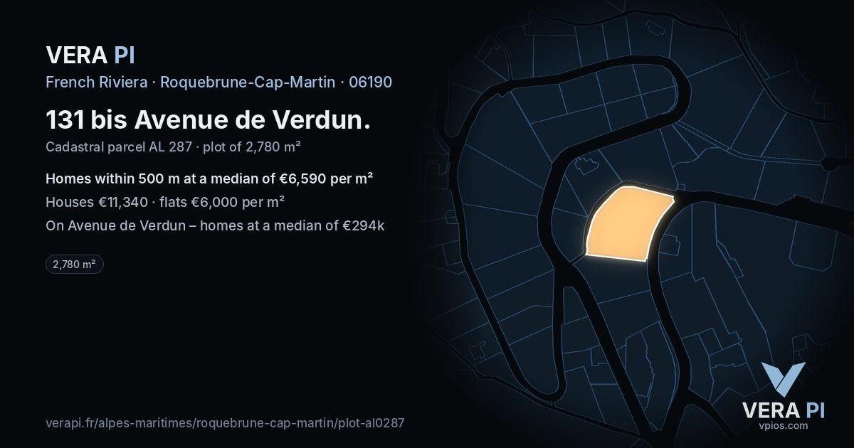 131 bis Avenue de Verdun, Roquebrune-Cap-Martin at night – the plot lit, the parcels around coloured by the prices near them