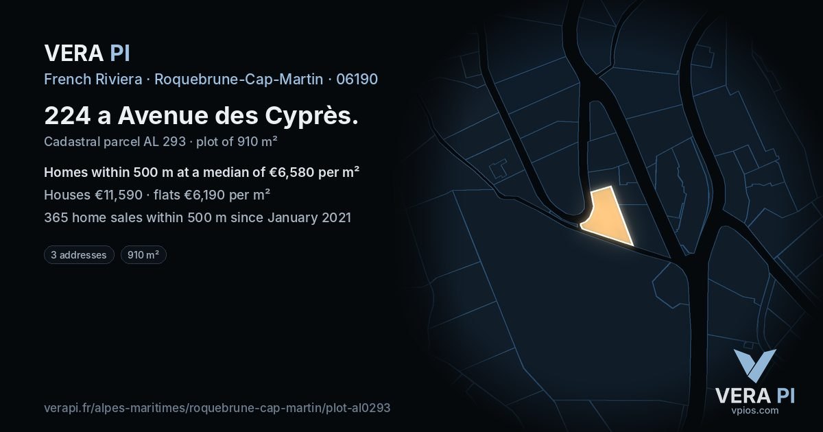 224 a Avenue des Cyprès, Roquebrune-Cap-Martin at night – the plot lit, the parcels around coloured by the prices near them