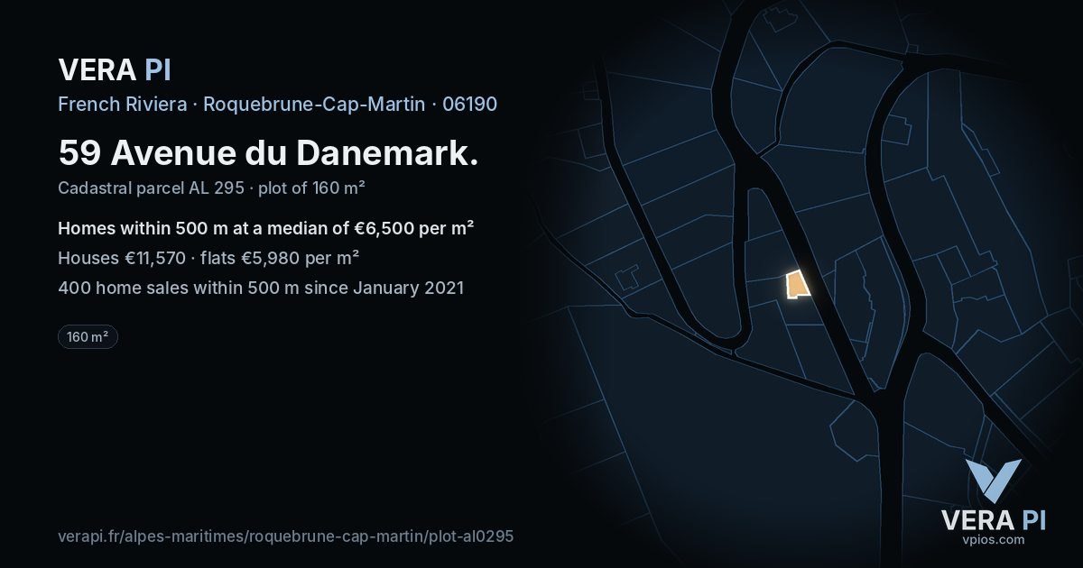 59 Avenue du Danemark, Roquebrune-Cap-Martin at night – the plot lit, the parcels around coloured by the prices near them