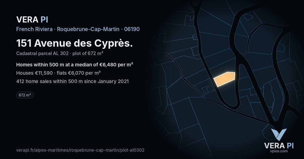 151 Avenue des Cyprès, Roquebrune-Cap-Martin at night – the plot lit, the parcels around coloured by the prices near them