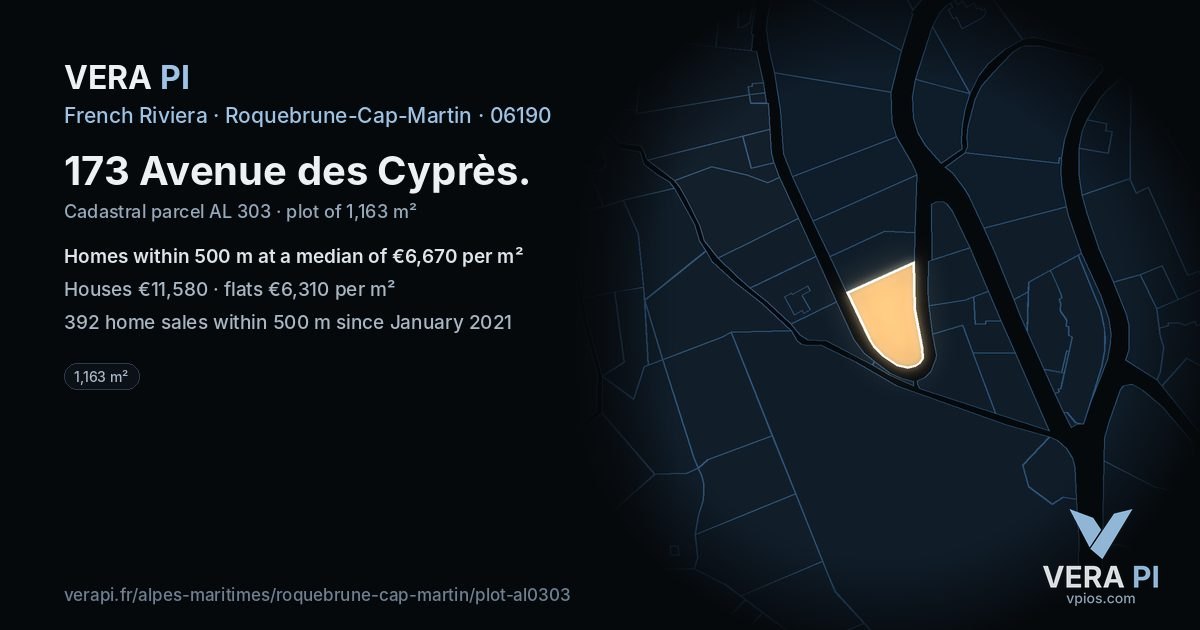173 Avenue des Cyprès, Roquebrune-Cap-Martin at night – the plot lit, the parcels around coloured by the prices near them