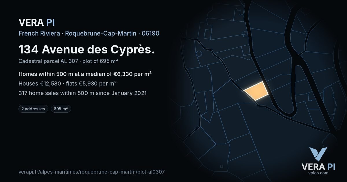 134 Avenue des Cyprès, Roquebrune-Cap-Martin at night – the plot lit, the parcels around coloured by the prices near them