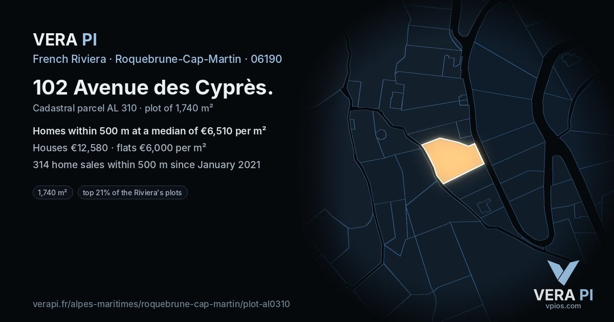 102 Avenue des Cyprès, Roquebrune-Cap-Martin at night – the plot lit, the parcels around coloured by the prices near them