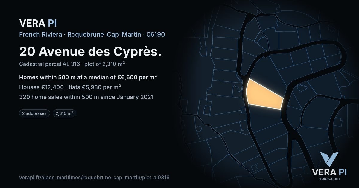 20 Avenue des Cyprès, Roquebrune-Cap-Martin at night – the plot lit, the parcels around coloured by the prices near them