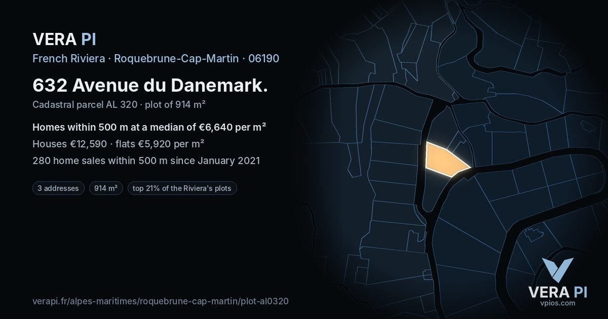 632 Avenue du Danemark, Roquebrune-Cap-Martin at night – the plot lit, the parcels around coloured by the prices near them