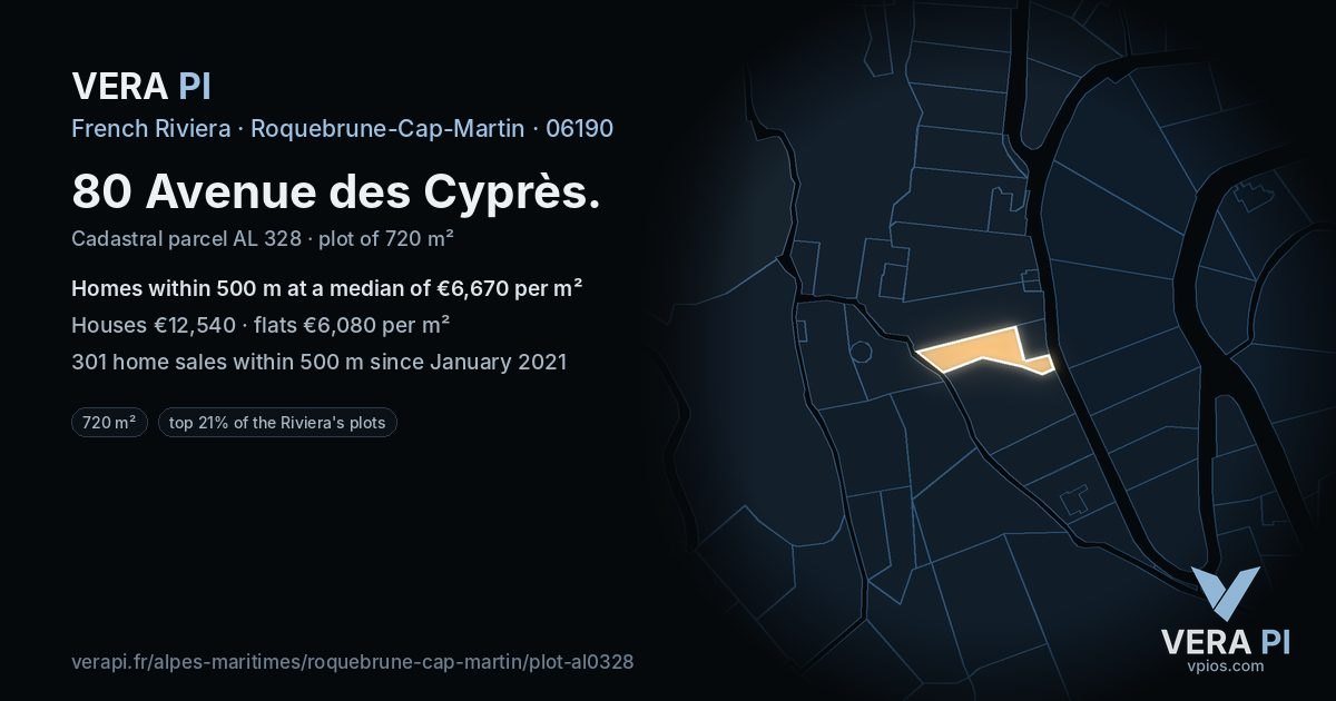 80 Avenue des Cyprès, Roquebrune-Cap-Martin at night – the plot lit, the parcels around coloured by the prices near them