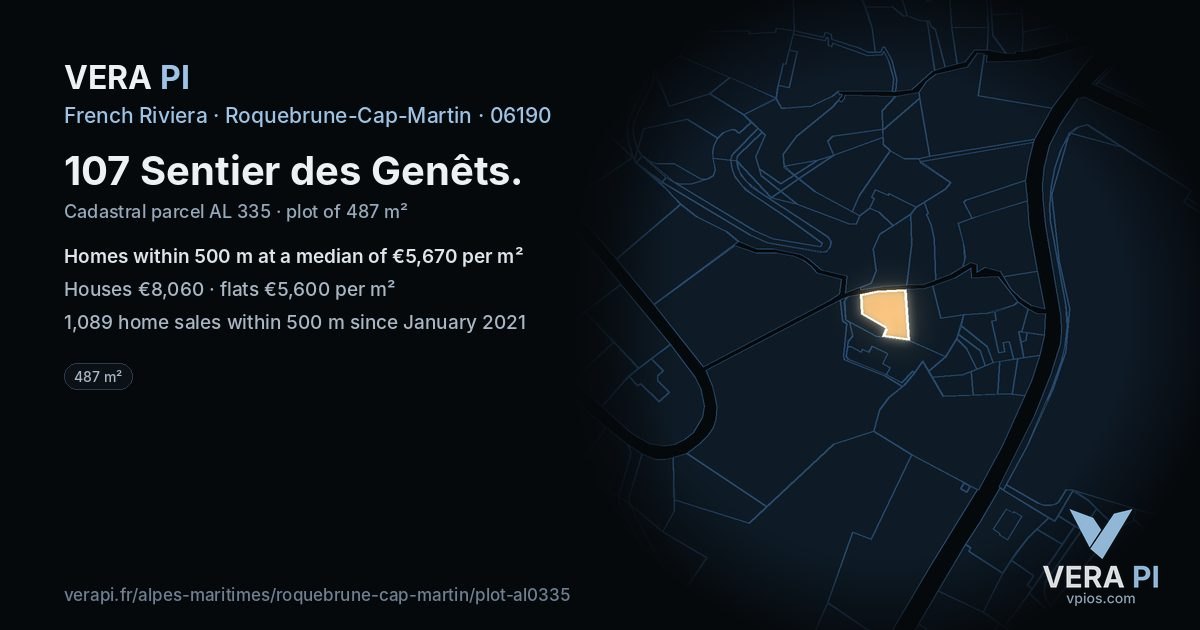 107 Sentier des Genêts, Roquebrune-Cap-Martin at night – the plot lit, the parcels around coloured by the prices near them