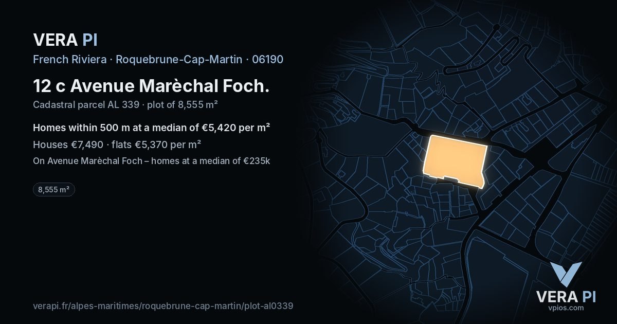 12 c Avenue Marèchal Foch, Roquebrune-Cap-Martin at night – the plot lit, the parcels around coloured by the prices near them