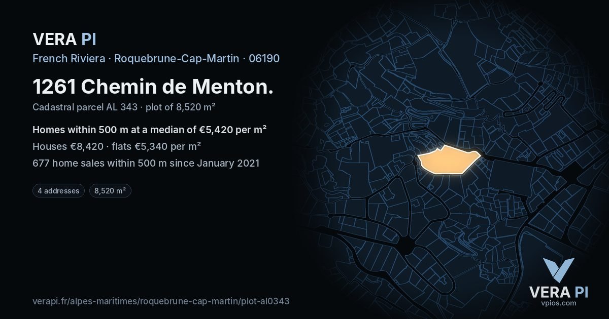 1261 Chemin de Menton, Roquebrune-Cap-Martin at night – the plot lit, the parcels around coloured by the prices near them