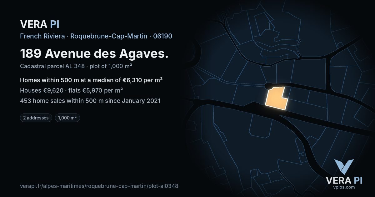 189 Avenue des Agaves, Roquebrune-Cap-Martin at night – the plot lit, the parcels around coloured by the prices near them
