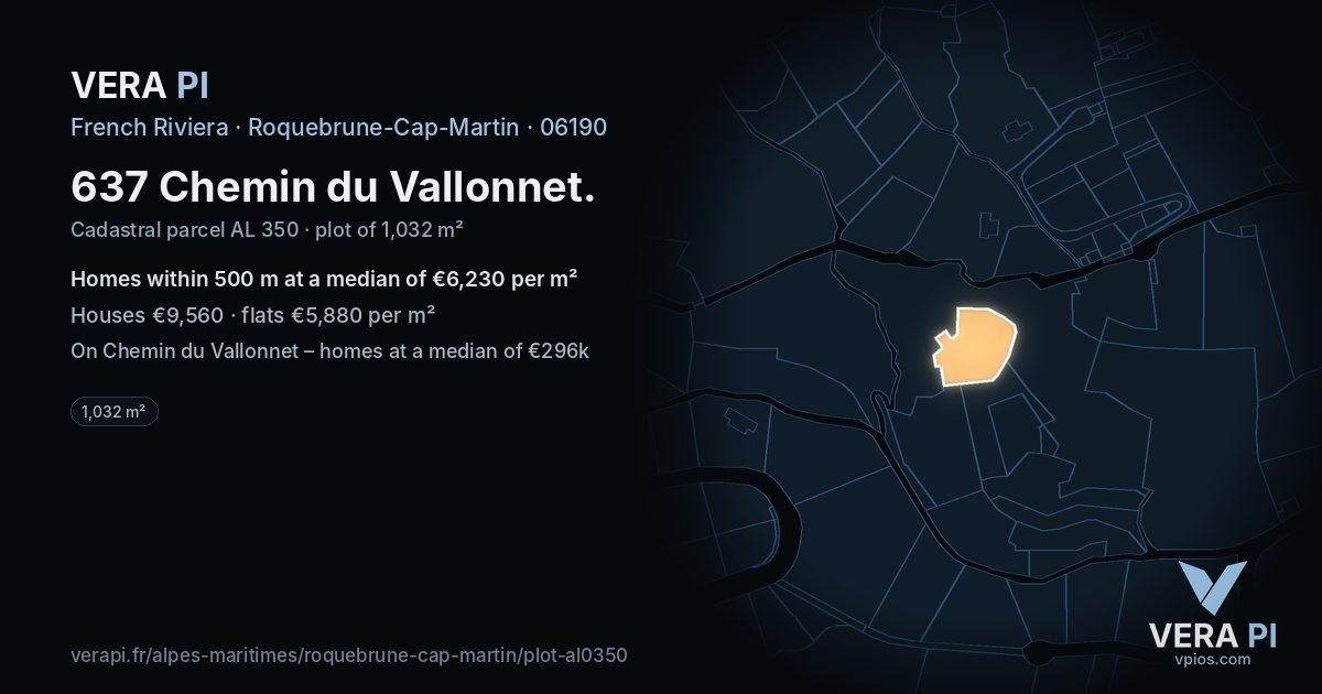 637 Chemin du Vallonnet, Roquebrune-Cap-Martin at night – the plot lit, the parcels around coloured by the prices near them