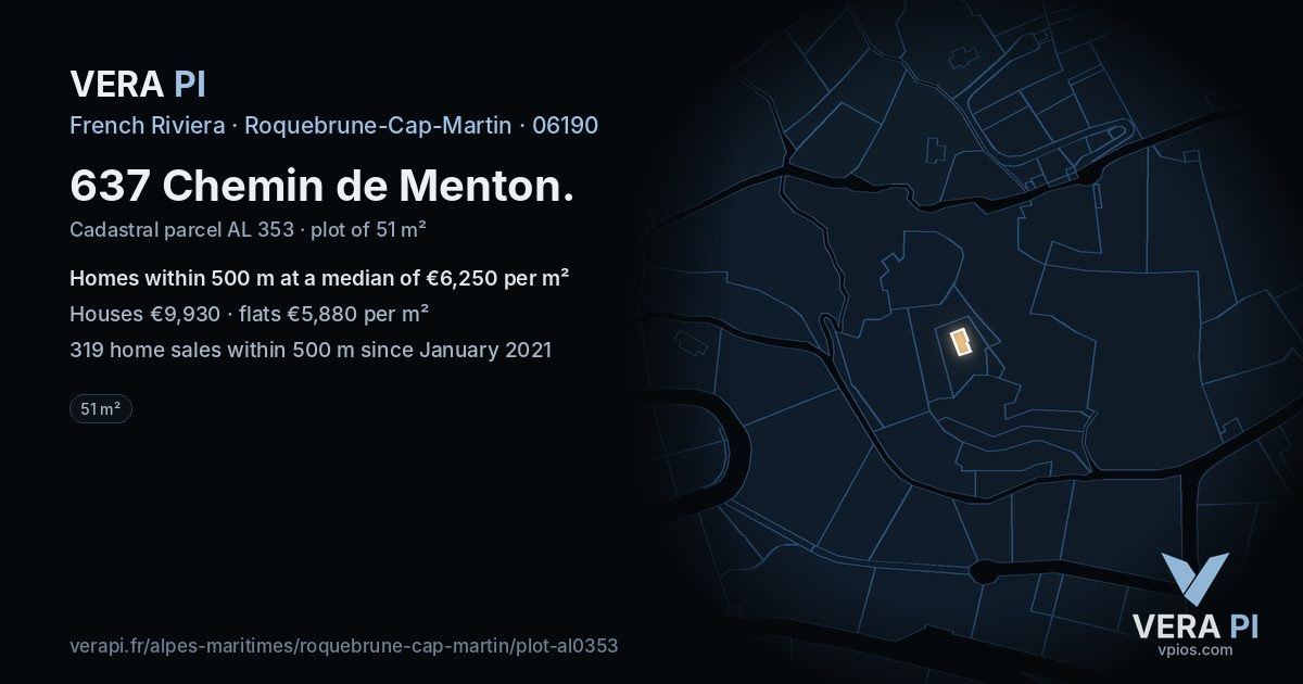 637 Chemin de Menton, Roquebrune-Cap-Martin at night – the plot lit, the parcels around coloured by the prices near them