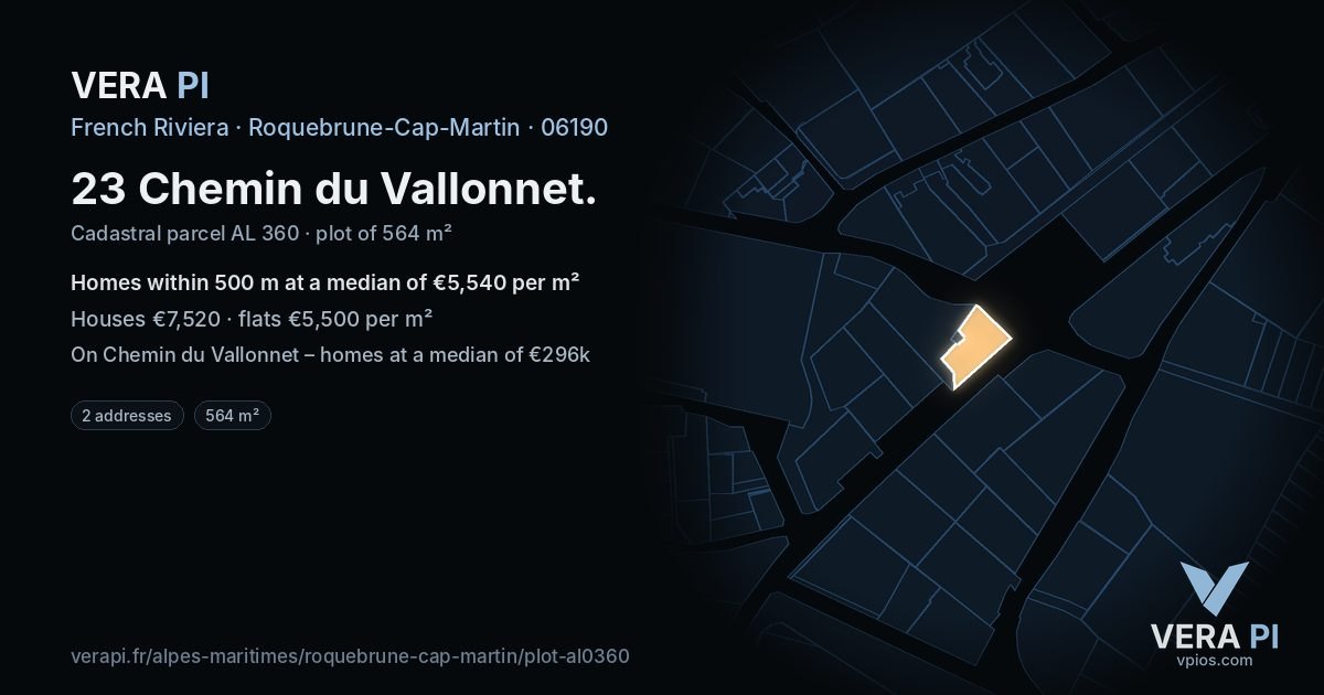 23 Chemin du Vallonnet, Roquebrune-Cap-Martin at night – the plot lit, the parcels around coloured by the prices near them