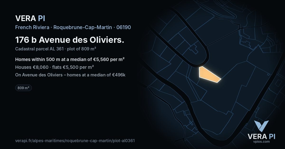176 b Avenue des Oliviers, Roquebrune-Cap-Martin at night – the plot lit, the parcels around coloured by the prices near them