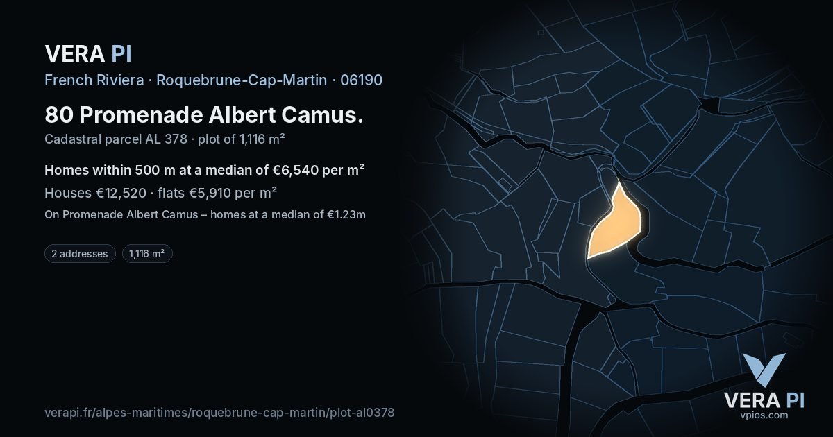 80 Promenade Albert Camus, Roquebrune-Cap-Martin at night – the plot lit, the parcels around coloured by the prices near them
