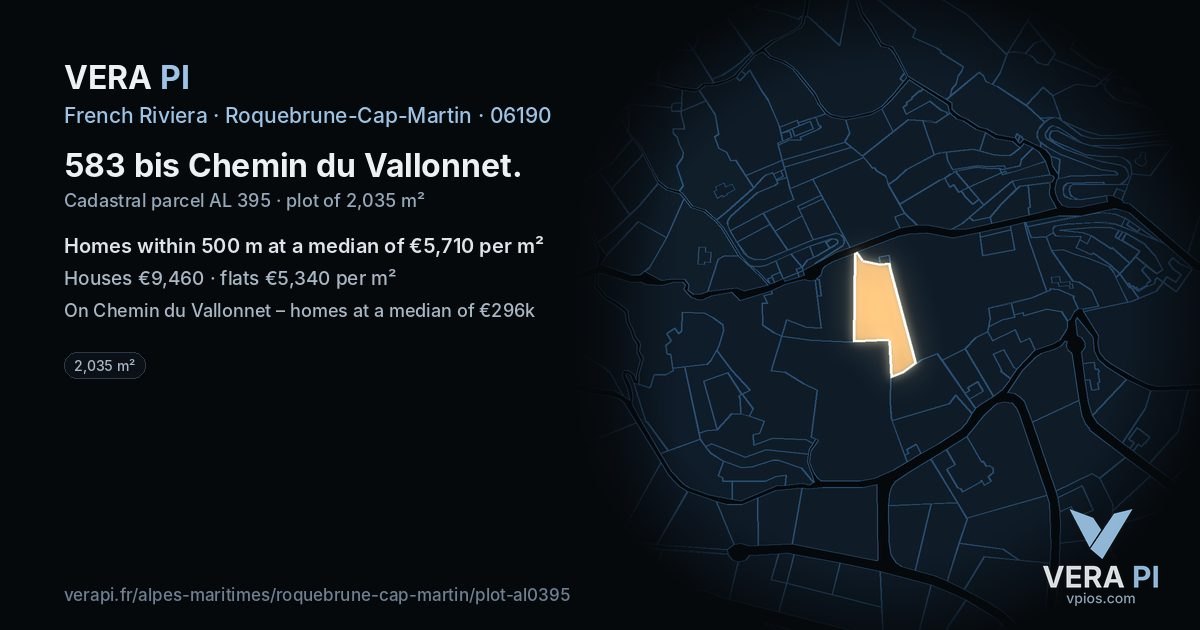 583 bis Chemin du Vallonnet, Roquebrune-Cap-Martin at night – the plot lit, the parcels around coloured by the prices near them