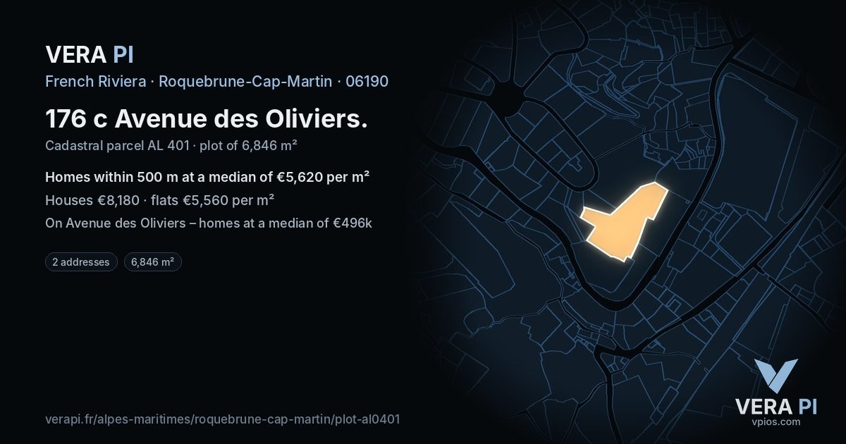 176 c Avenue des Oliviers, Roquebrune-Cap-Martin at night – the plot lit, the parcels around coloured by the prices near them