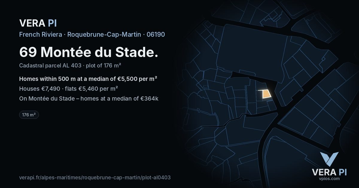 69 Montée du Stade, Roquebrune-Cap-Martin at night – the plot lit, the parcels around coloured by the prices near them