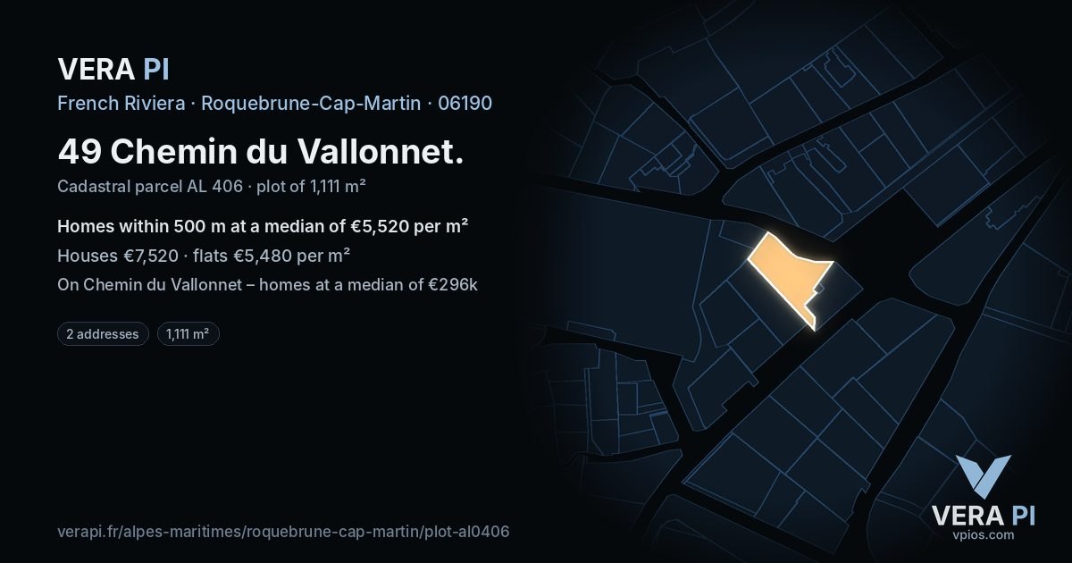 49 Chemin du Vallonnet, Roquebrune-Cap-Martin at night – the plot lit, the parcels around coloured by the prices near them
