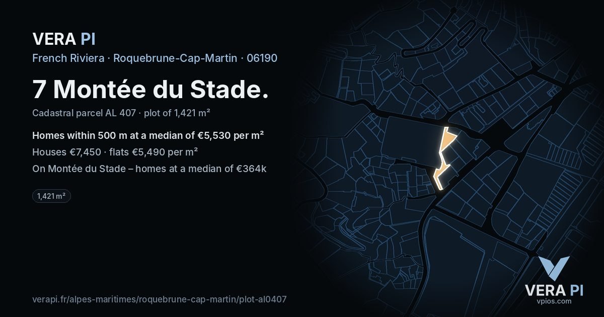 7 Montée du Stade, Roquebrune-Cap-Martin at night – the plot lit, the parcels around coloured by the prices near them