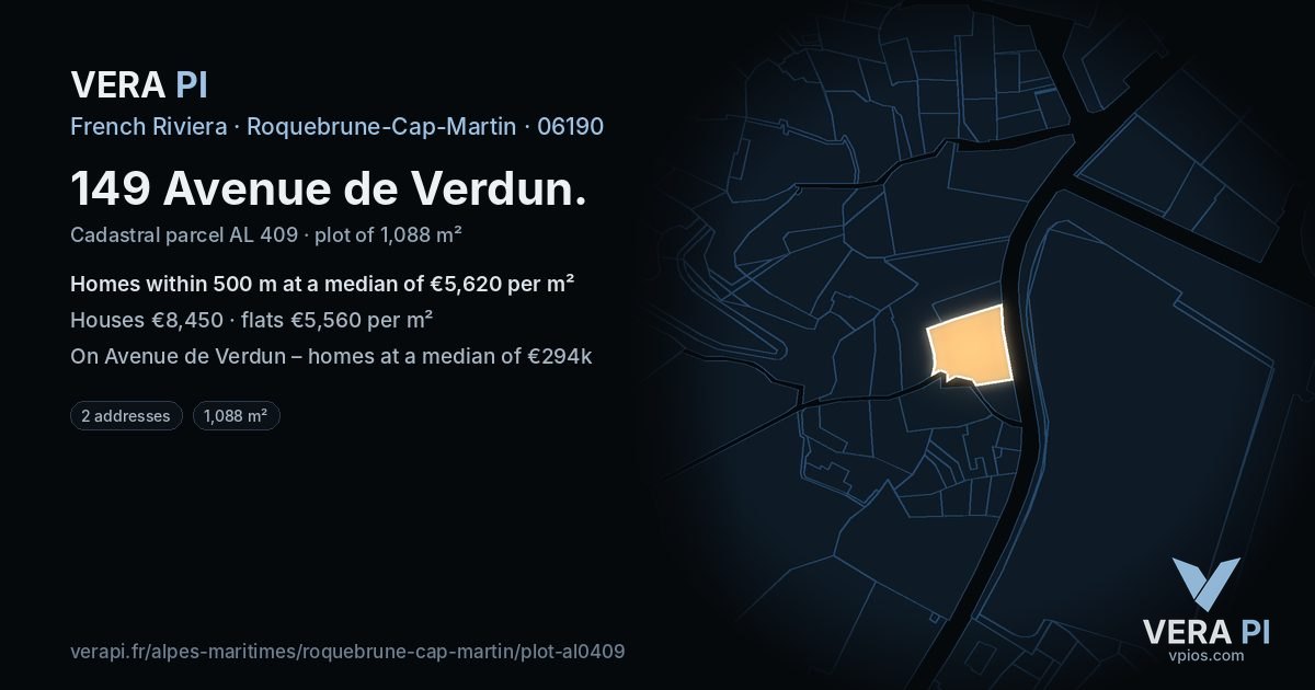 149 Avenue de Verdun, Roquebrune-Cap-Martin at night – the plot lit, the parcels around coloured by the prices near them