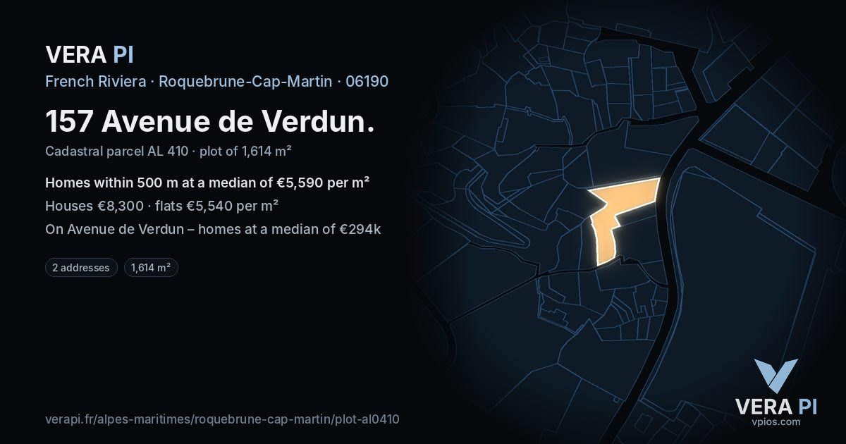 157 Avenue de Verdun, Roquebrune-Cap-Martin at night – the plot lit, the parcels around coloured by the prices near them