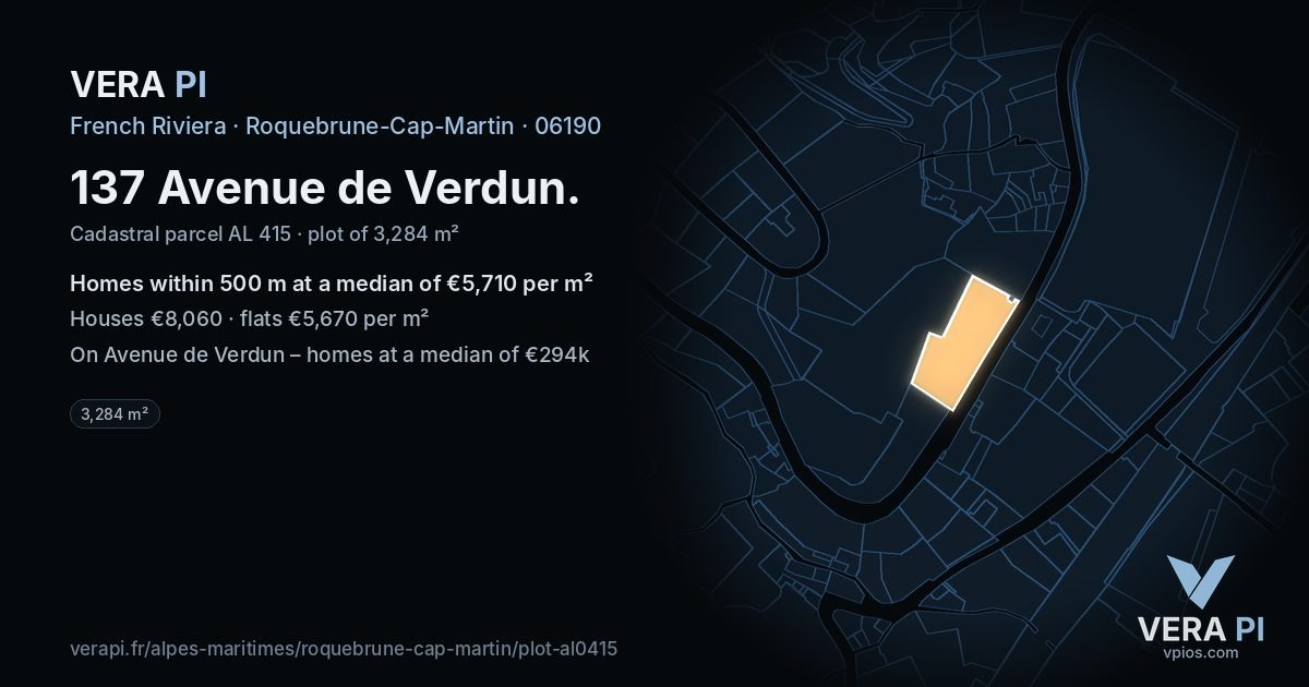 137 Avenue de Verdun, Roquebrune-Cap-Martin at night – the plot lit, the parcels around coloured by the prices near them