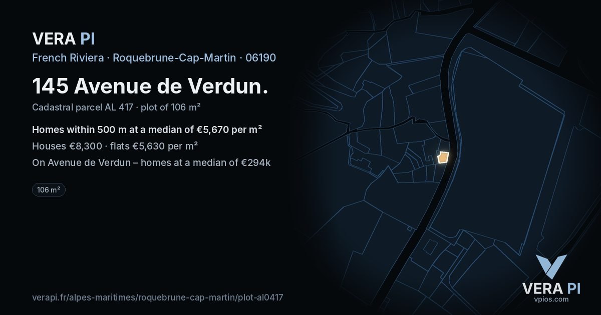 145 Avenue de Verdun, Roquebrune-Cap-Martin at night – the plot lit, the parcels around coloured by the prices near them