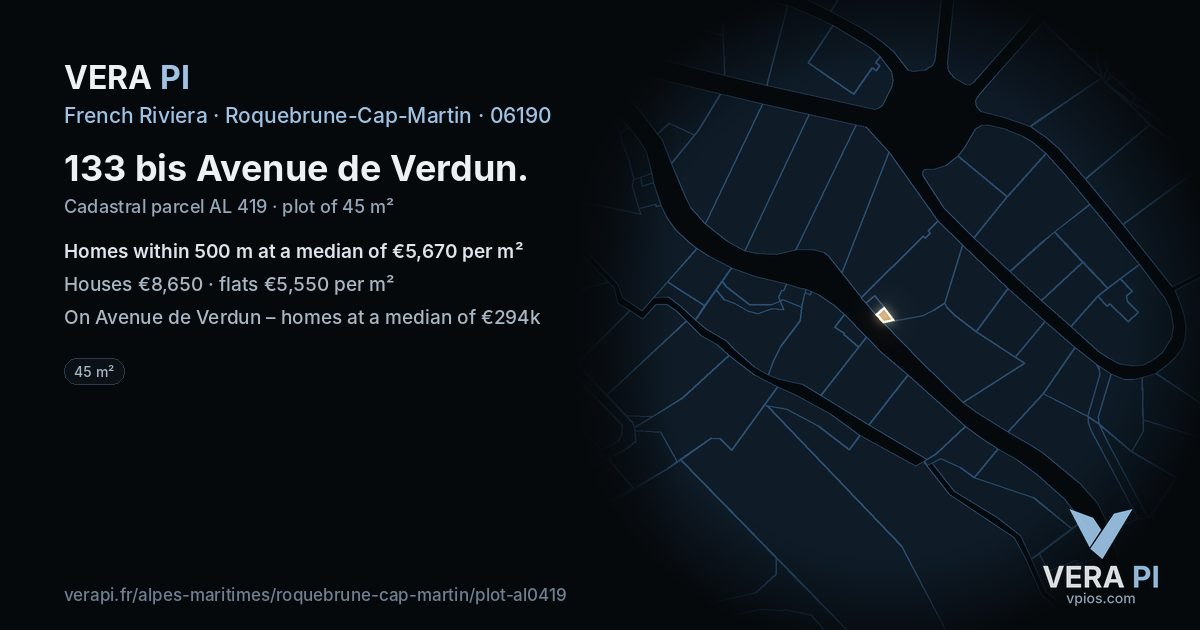 133 bis Avenue de Verdun, Roquebrune-Cap-Martin at night – the plot lit, the parcels around coloured by the prices near them