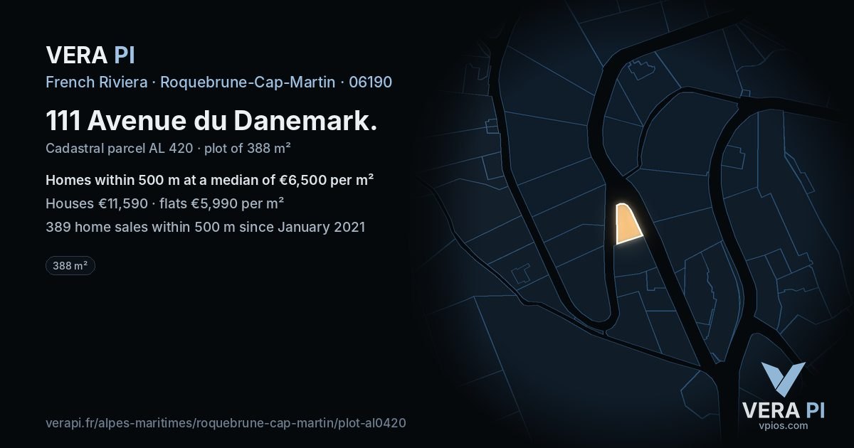 111 Avenue du Danemark, Roquebrune-Cap-Martin at night – the plot lit, the parcels around coloured by the prices near them