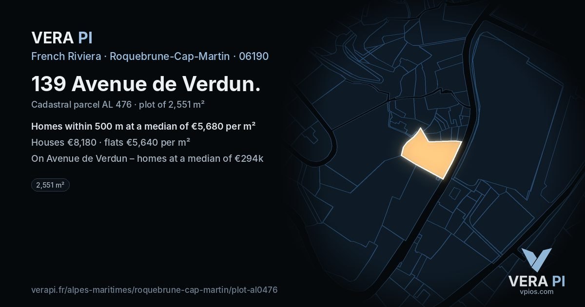 139 Avenue de Verdun, Roquebrune-Cap-Martin at night – the plot lit, the parcels around coloured by the prices near them