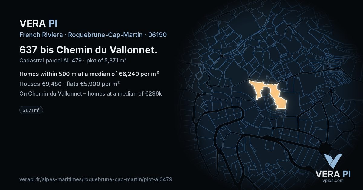 637 bis Chemin du Vallonnet, Roquebrune-Cap-Martin at night – the plot lit, the parcels around coloured by the prices near them
