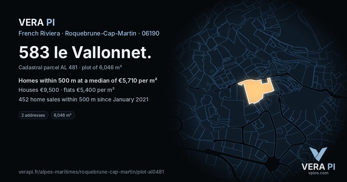 583 le Vallonnet, Roquebrune-Cap-Martin at night – the plot lit, the parcels around coloured by the prices near them