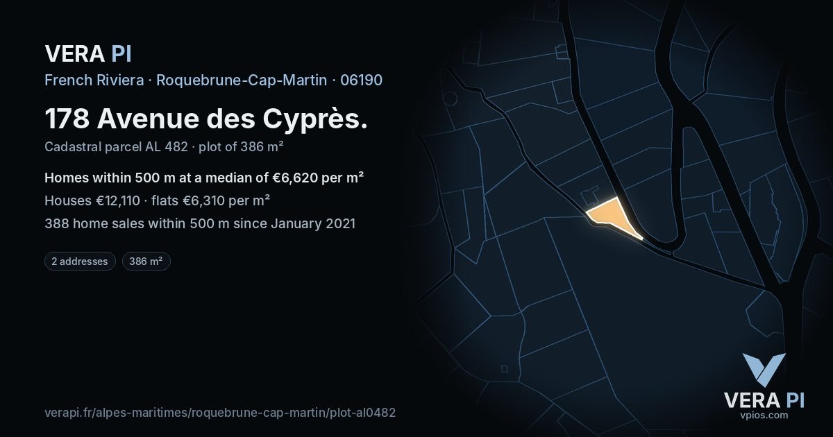 178 Avenue des Cyprès, Roquebrune-Cap-Martin at night – the plot lit, the parcels around coloured by the prices near them