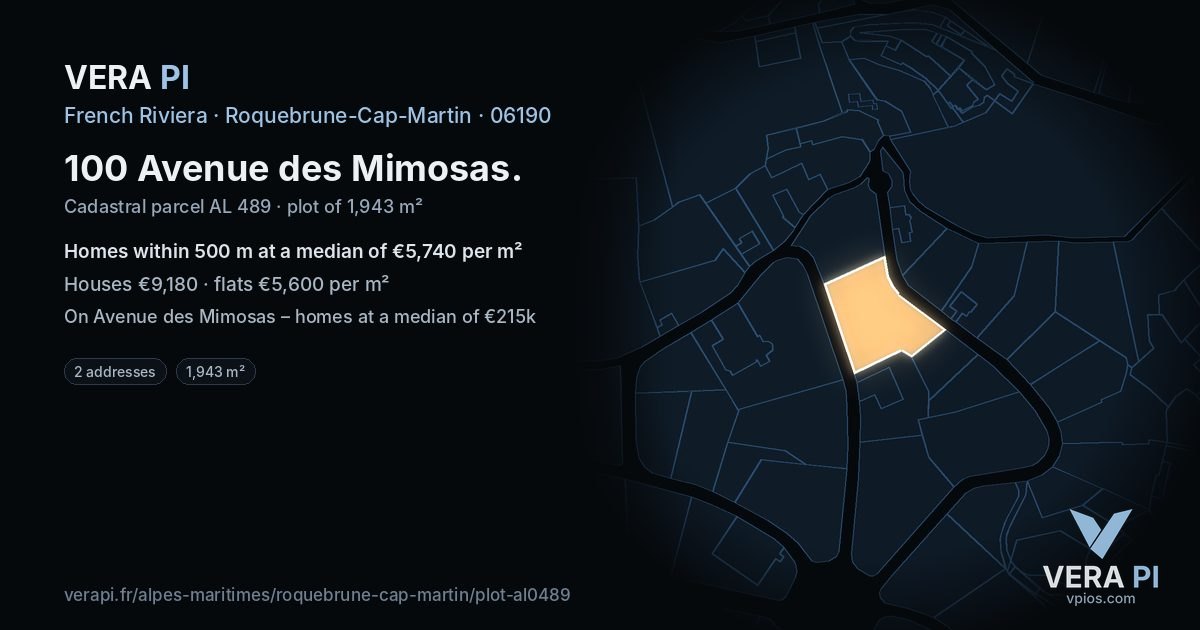 100 Avenue des Mimosas, Roquebrune-Cap-Martin at night – the plot lit, the parcels around coloured by the prices near them