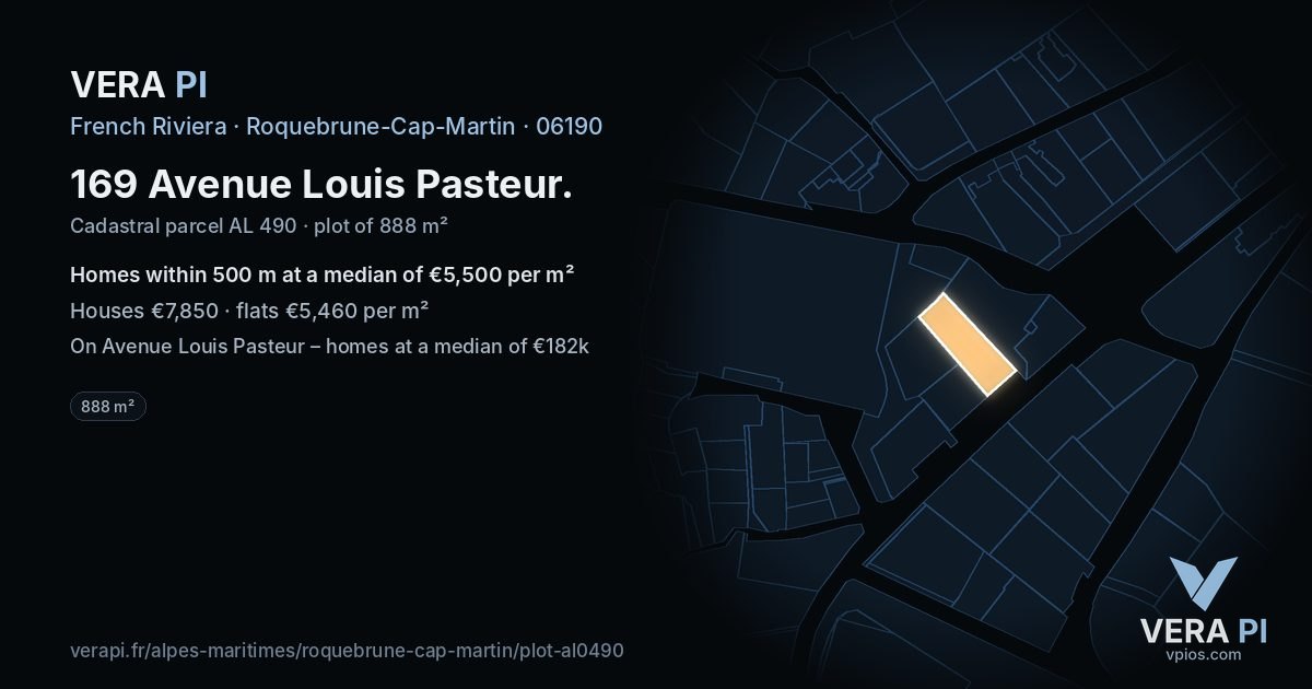 169 Avenue Louis Pasteur, Roquebrune-Cap-Martin at night – the plot lit, the parcels around coloured by the prices near them