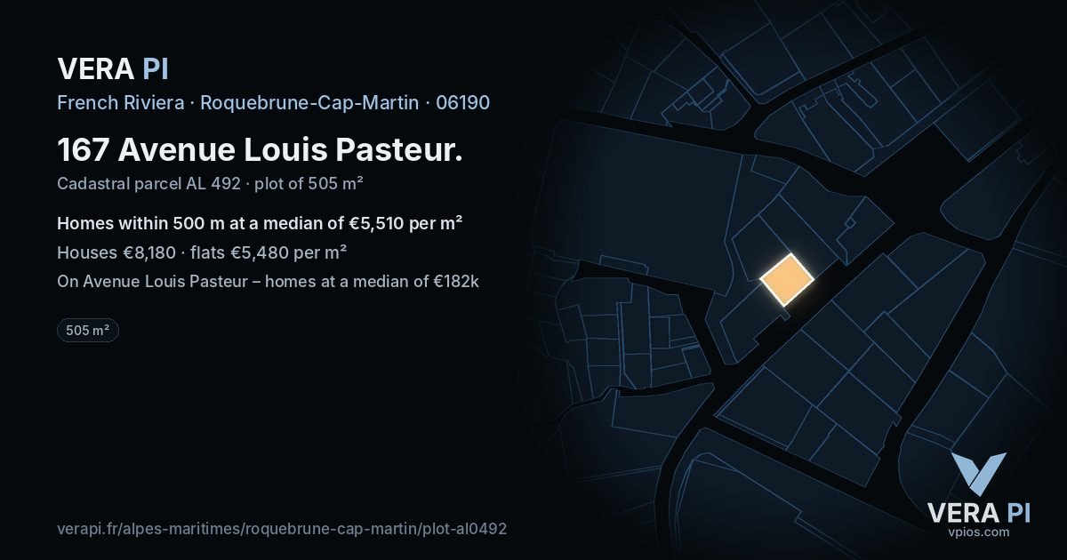 167 Avenue Louis Pasteur, Roquebrune-Cap-Martin at night – the plot lit, the parcels around coloured by the prices near them