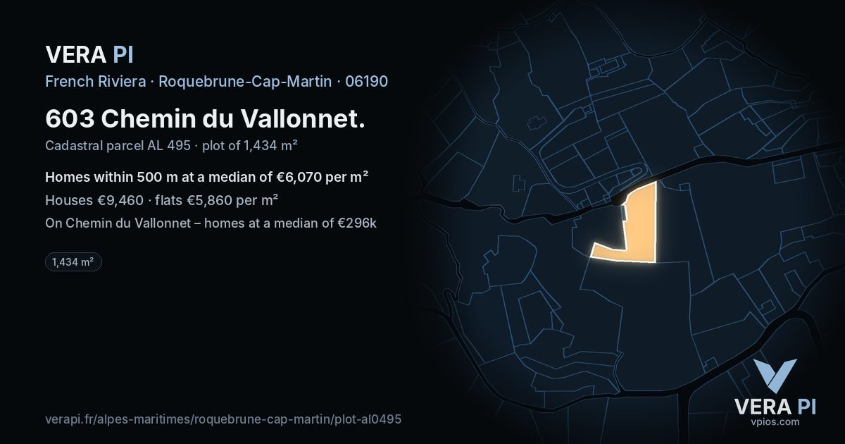 603 Chemin du Vallonnet, Roquebrune-Cap-Martin at night – the plot lit, the parcels around coloured by the prices near them