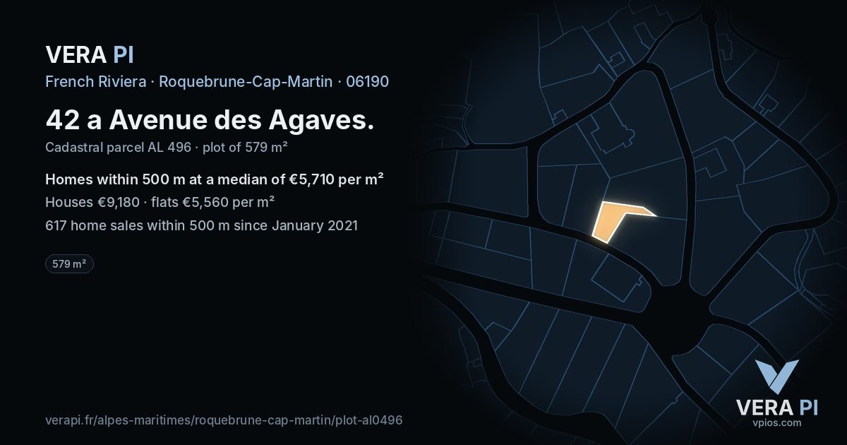 42 a Avenue des Agaves, Roquebrune-Cap-Martin at night – the plot lit, the parcels around coloured by the prices near them