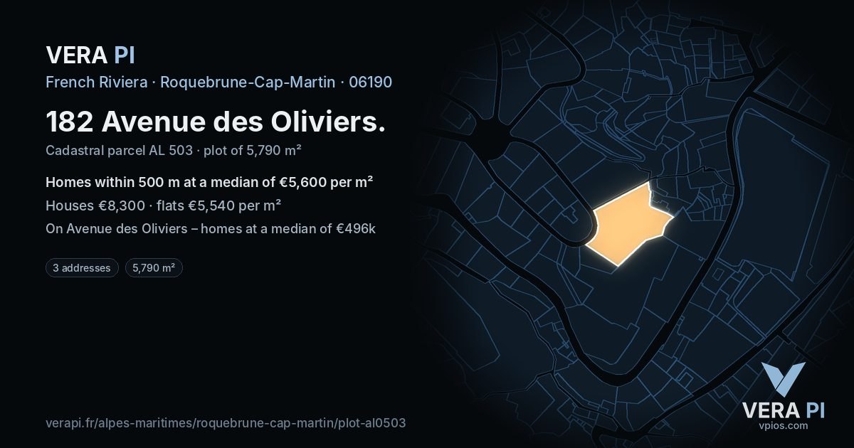 182 Avenue des Oliviers, Roquebrune-Cap-Martin at night – the plot lit, the parcels around coloured by the prices near them