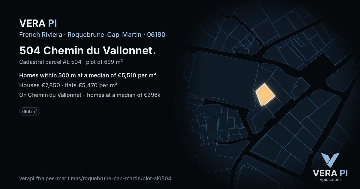 504 Chemin du Vallonnet, Roquebrune-Cap-Martin at night – the plot lit, the parcels around coloured by the prices near them