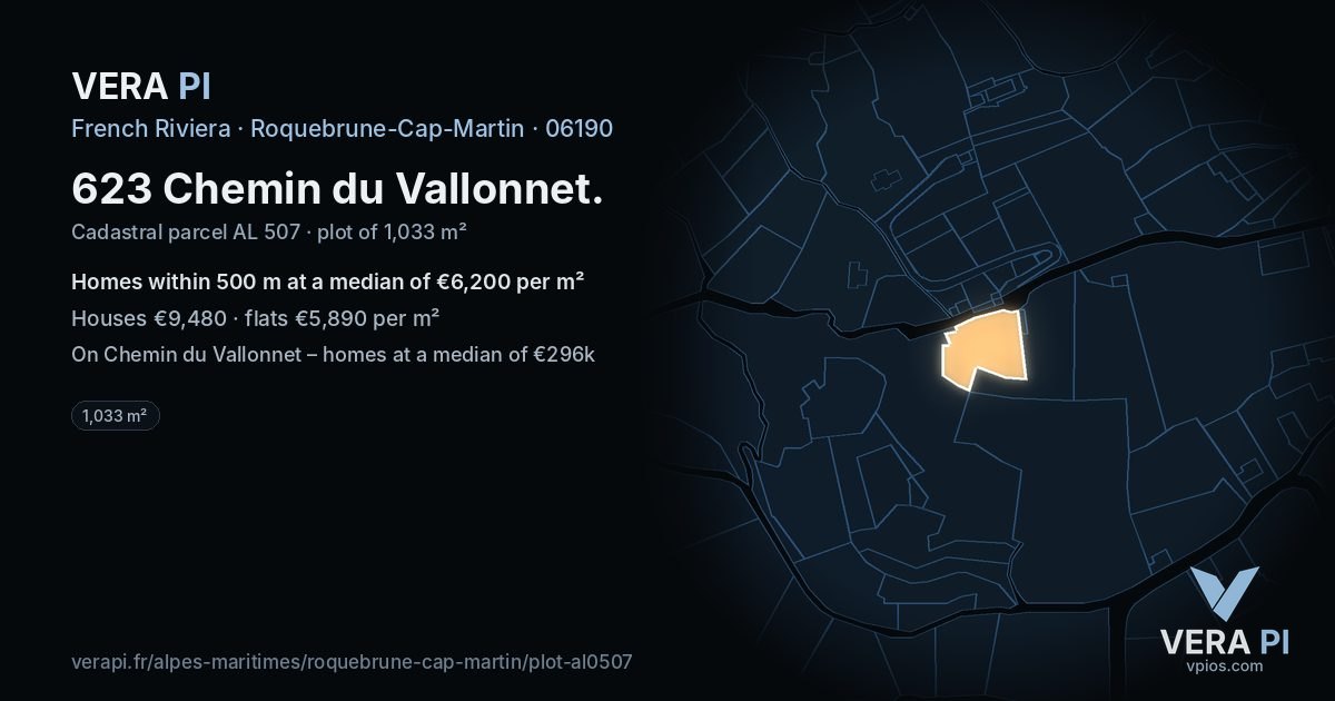 623 Chemin du Vallonnet, Roquebrune-Cap-Martin at night – the plot lit, the parcels around coloured by the prices near them