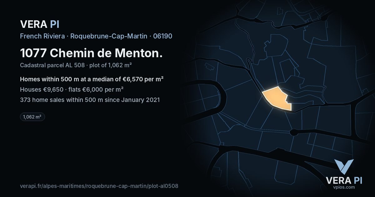 1077 Chemin de Menton, Roquebrune-Cap-Martin at night – the plot lit, the parcels around coloured by the prices near them